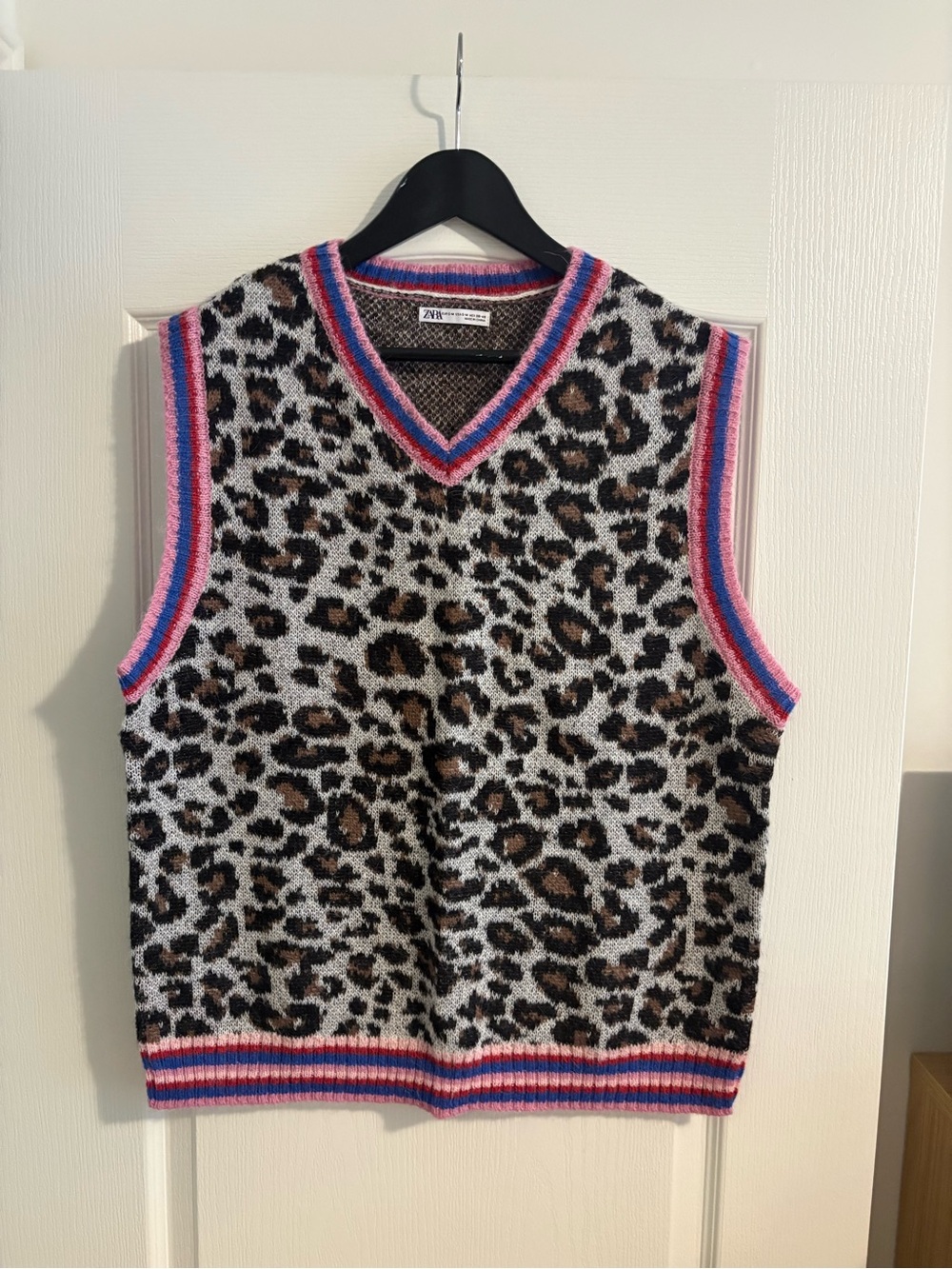 ZARA Brown Leopard Knit Vest with Pink, Blue & Red Trim